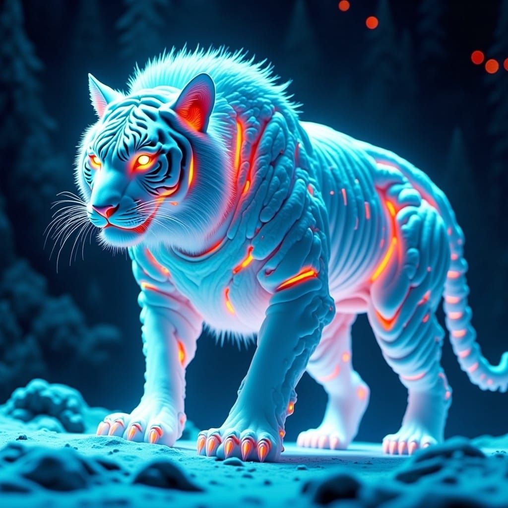 Cyberpunk White Tiger with Neon Circuitry