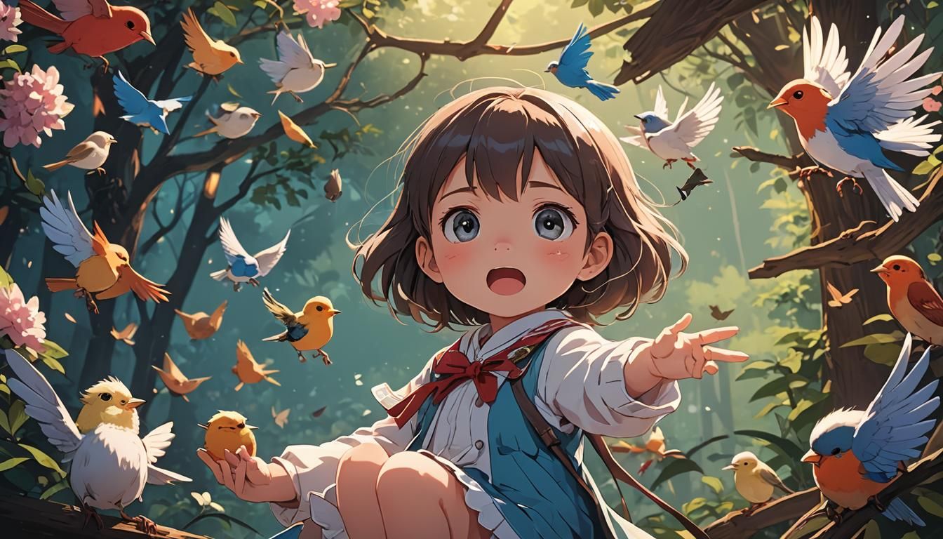 Anime Style Baby Girl Listens to Bird Song