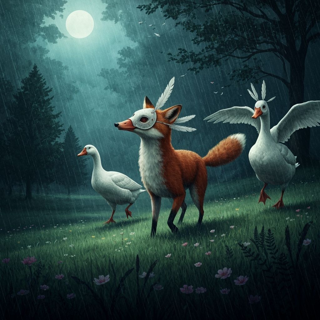 Fox in Goose Mask Chasing Geese in Rainy Meadow