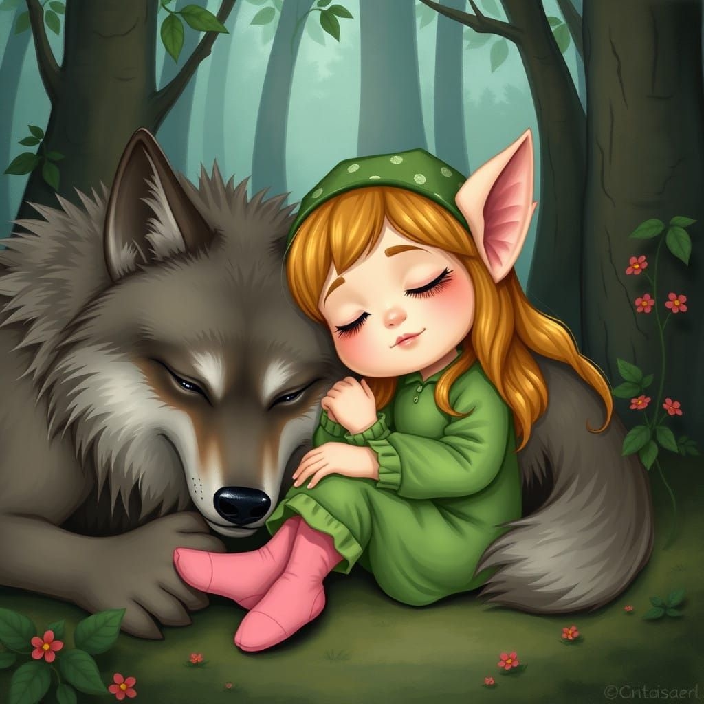 Toddler elf girl sleeping next to her pet wolf, who is very ...