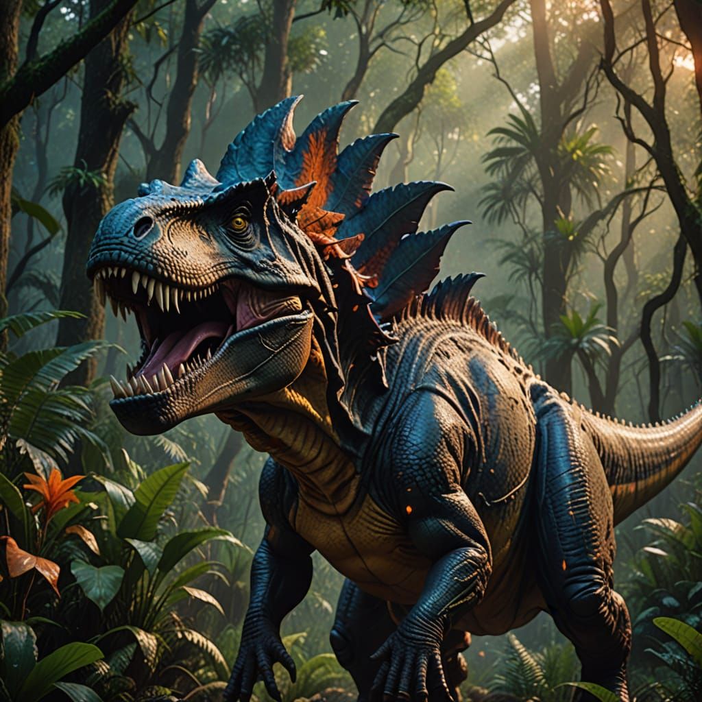 T-Rex with Trump Head Roaring in Prehistoric Forest