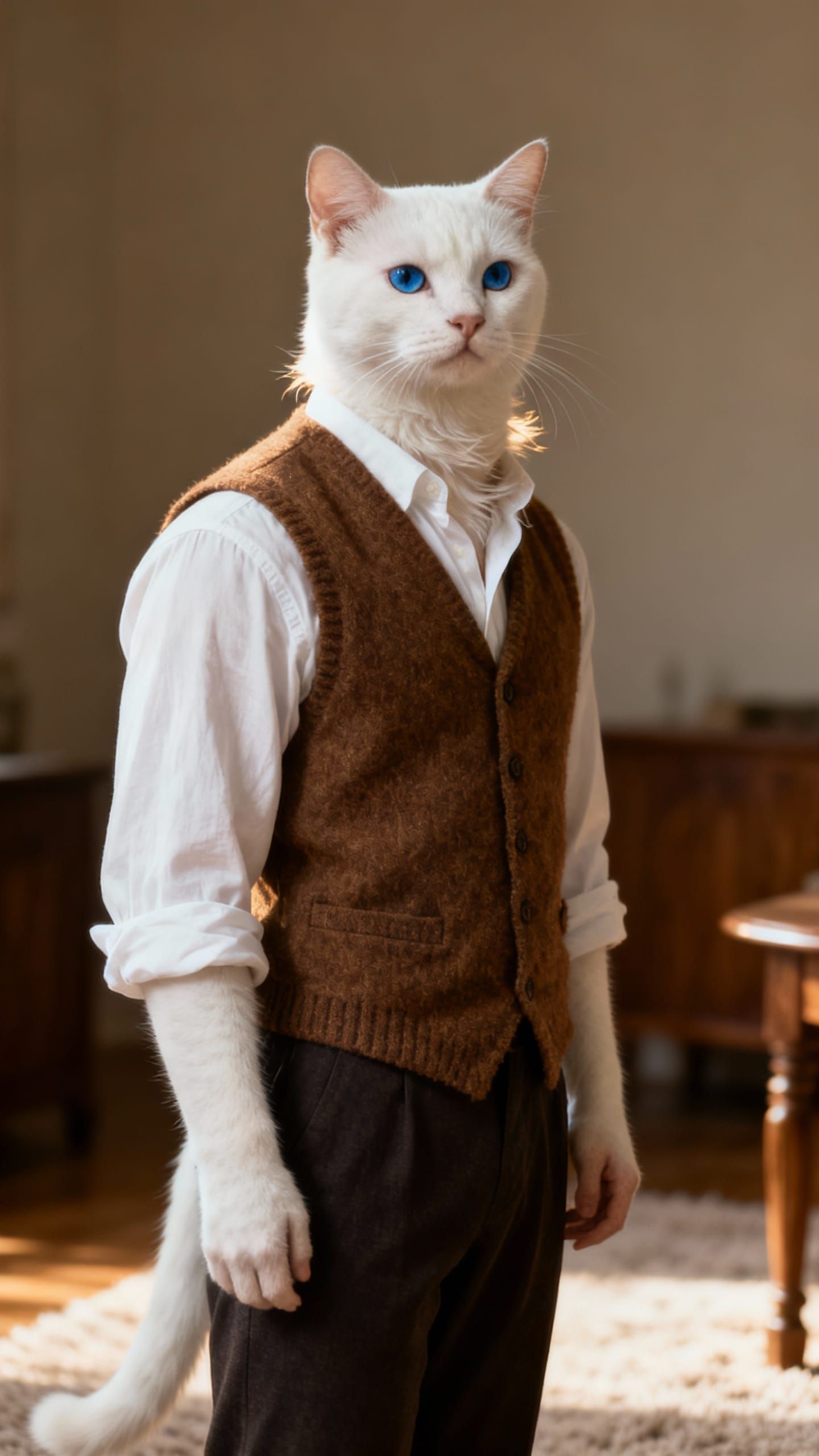 Realistic White Cat Man in Wool Vest - Cinematic Realism