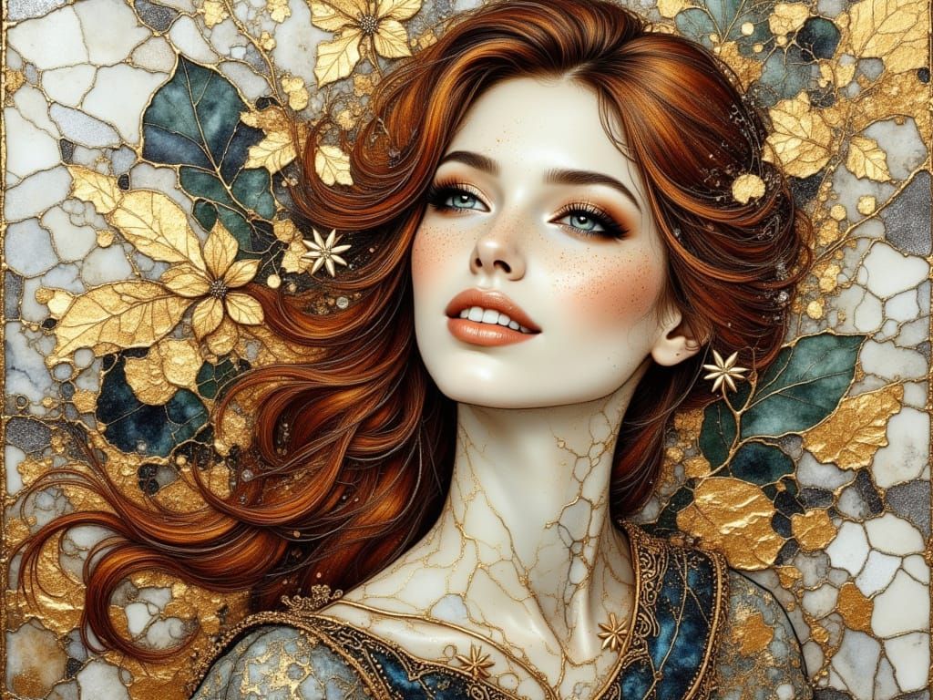 Elegant Woman Portrait in Crinkled Metal and Cloisonné Style