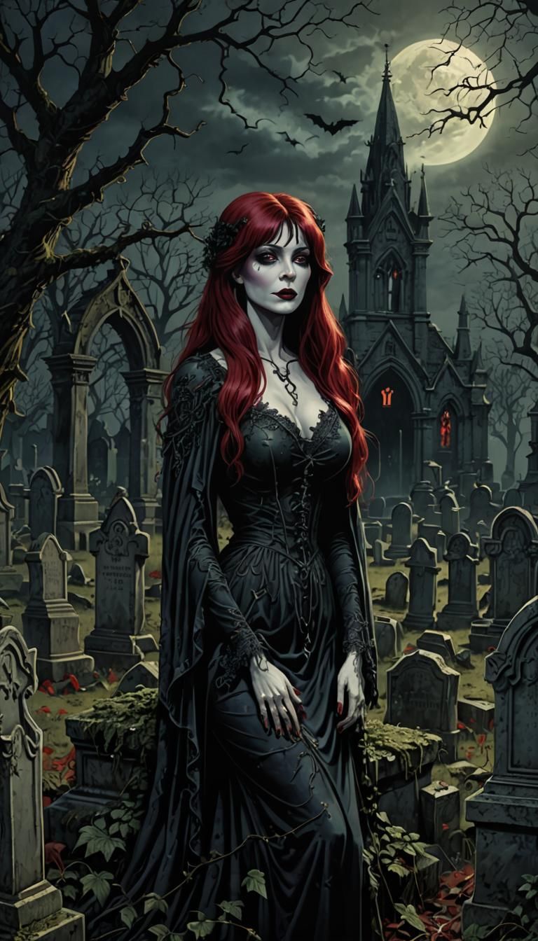 Elvira in Graveyard: Gothic Horror Illustration