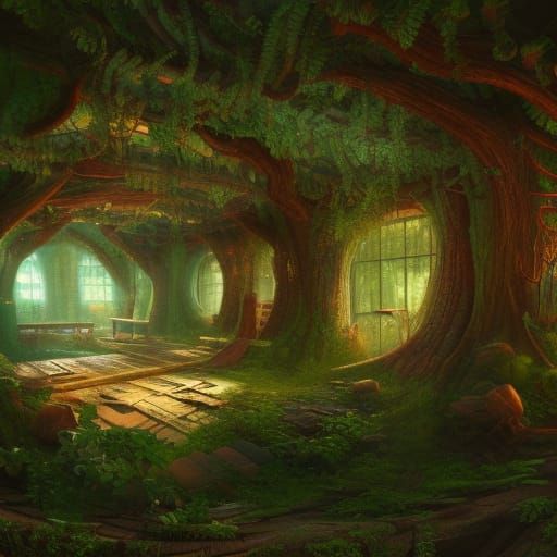 Fantastical Tree Trunk Library in Detailed Matte Painting