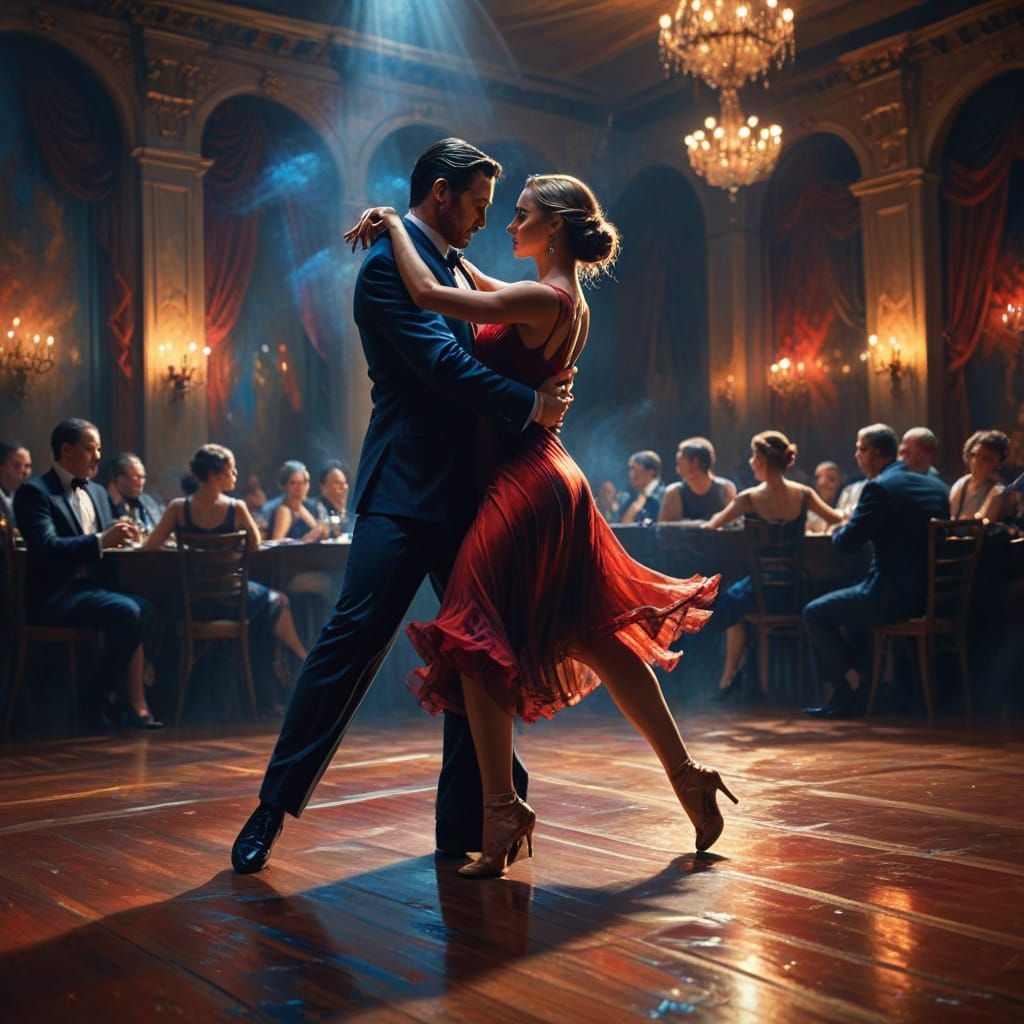 Romantic Tango Dance in a Dramatic, Dimly Lit Ballroom