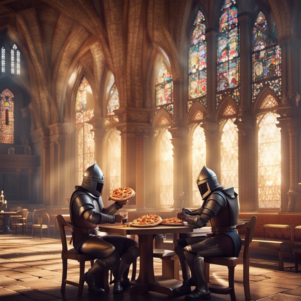 Knights Enjoying Pizza in Cafe, Digital Illustration