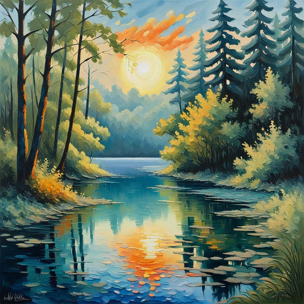 Blue Lake and Green Forest as Expressionist Oil Painting