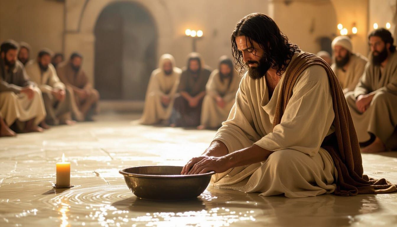 Jesus Washes Apostles' Feet in Candlelit Room