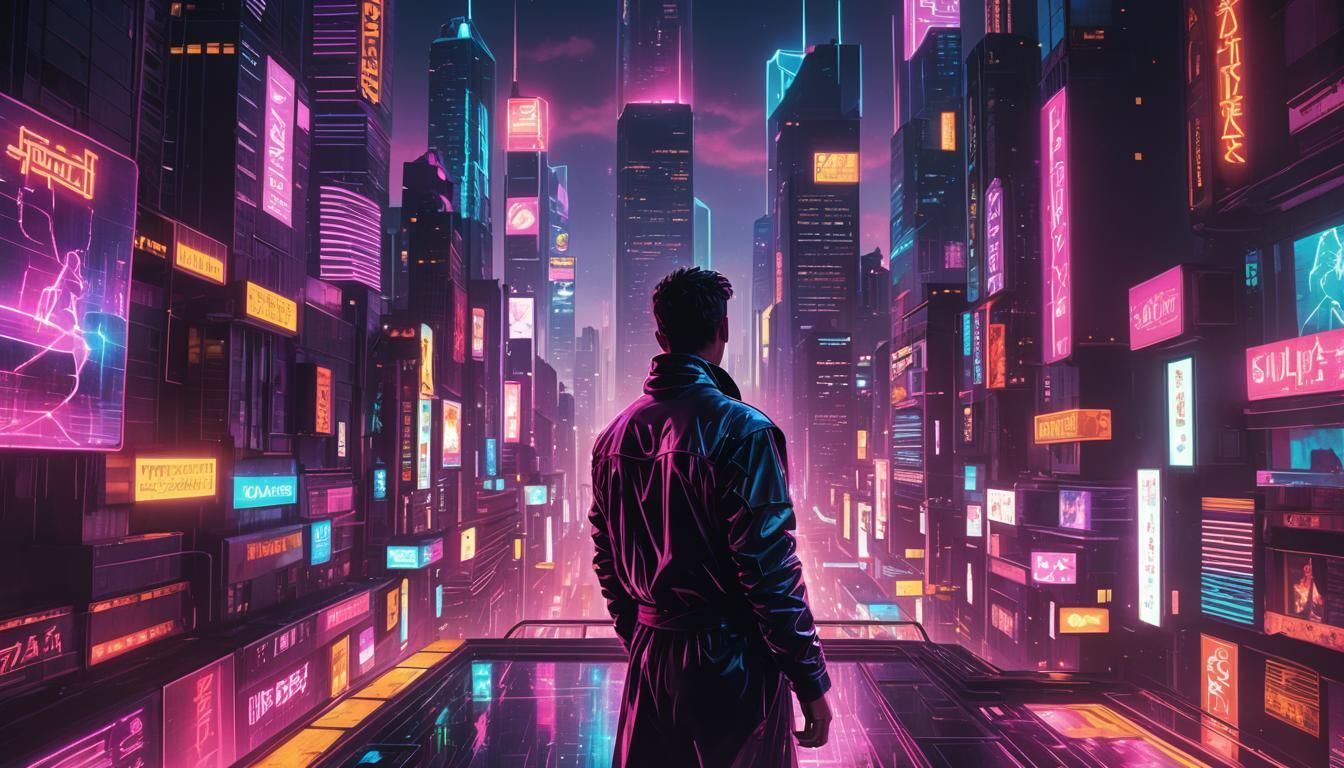 Neon Synthwave Cityscape with Lone Figure