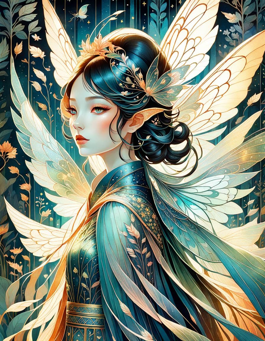 Ornate Fairy with Iridescent Wings in Watercolor Style