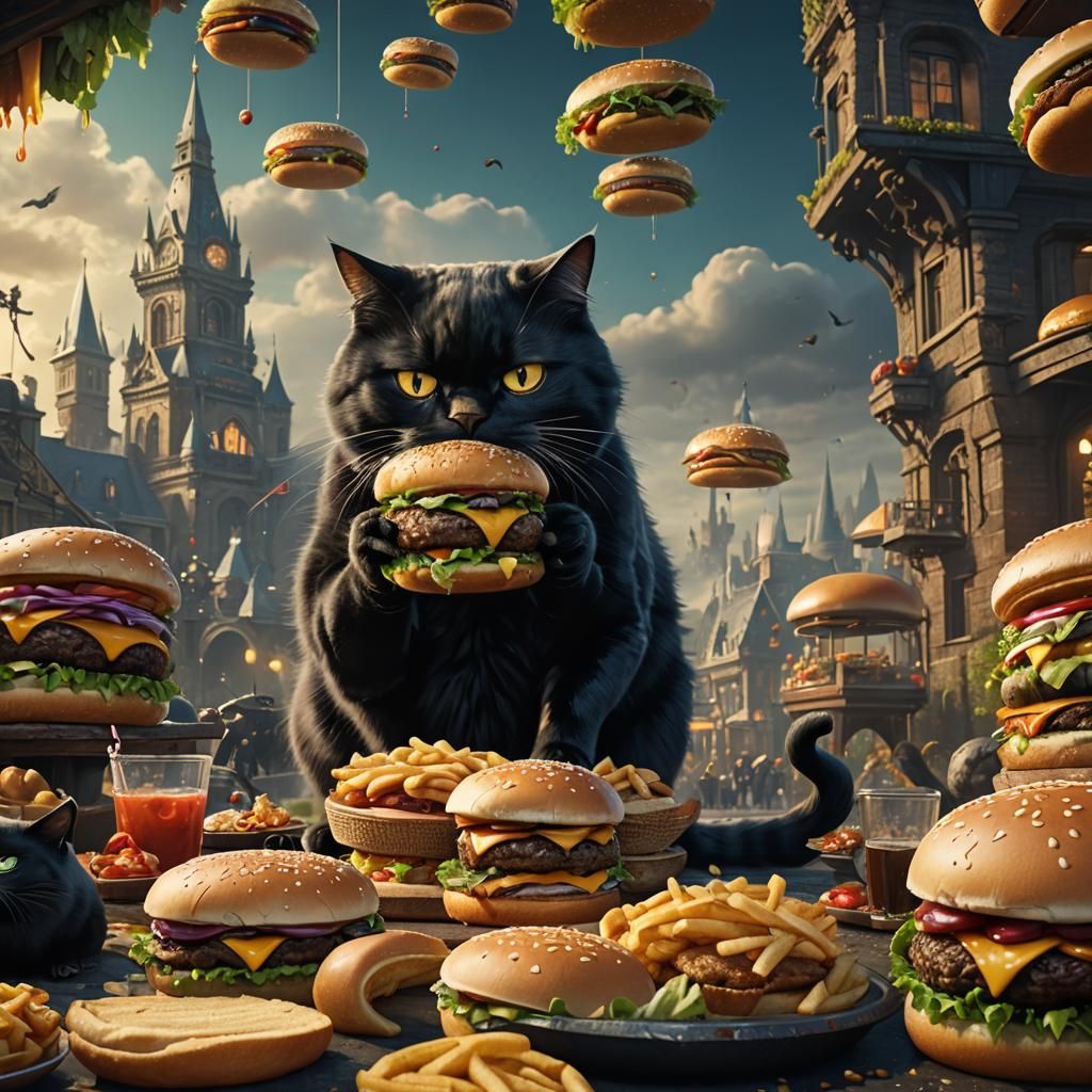 Black Cat Enjoys Hamburger: Detailed Matte Painting