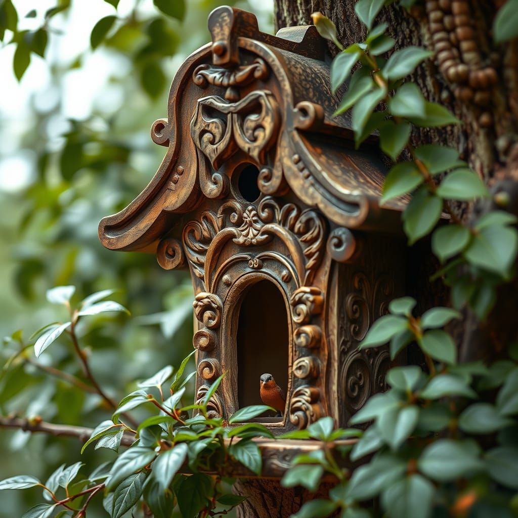 Detailed Birdhouse Surrounded by Lush Greenery