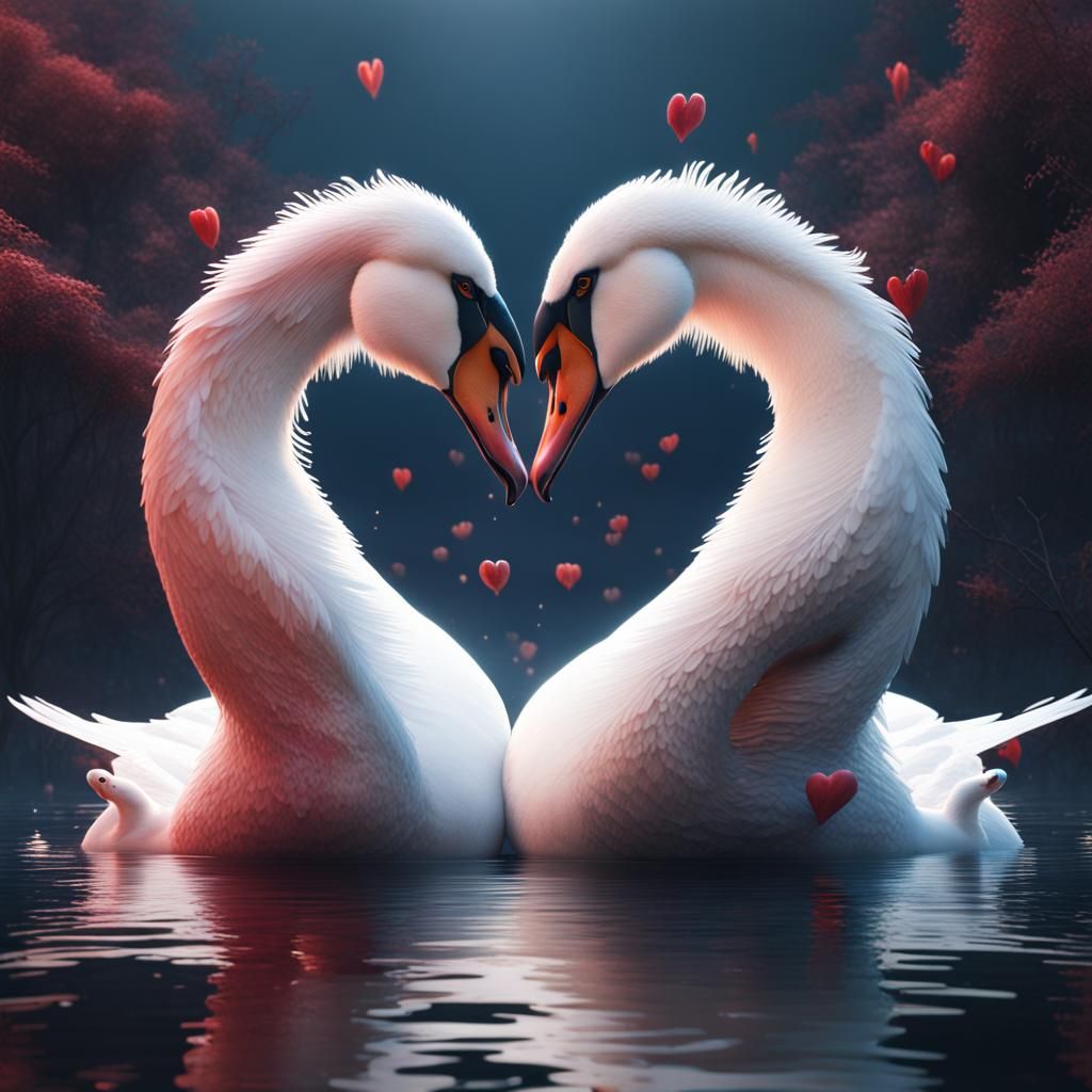 Swans Create Heart Shape in Matte Painting Style