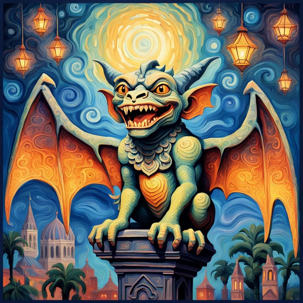 Laughing Gargoyle Poster Art in Post-Impressionist Style