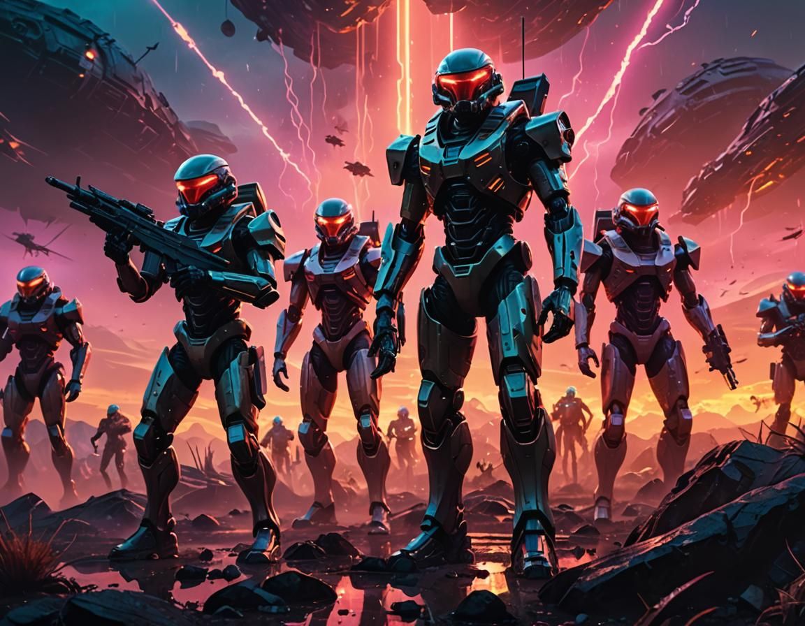 Soldiers Confront Alien Robots in Neon Landscape