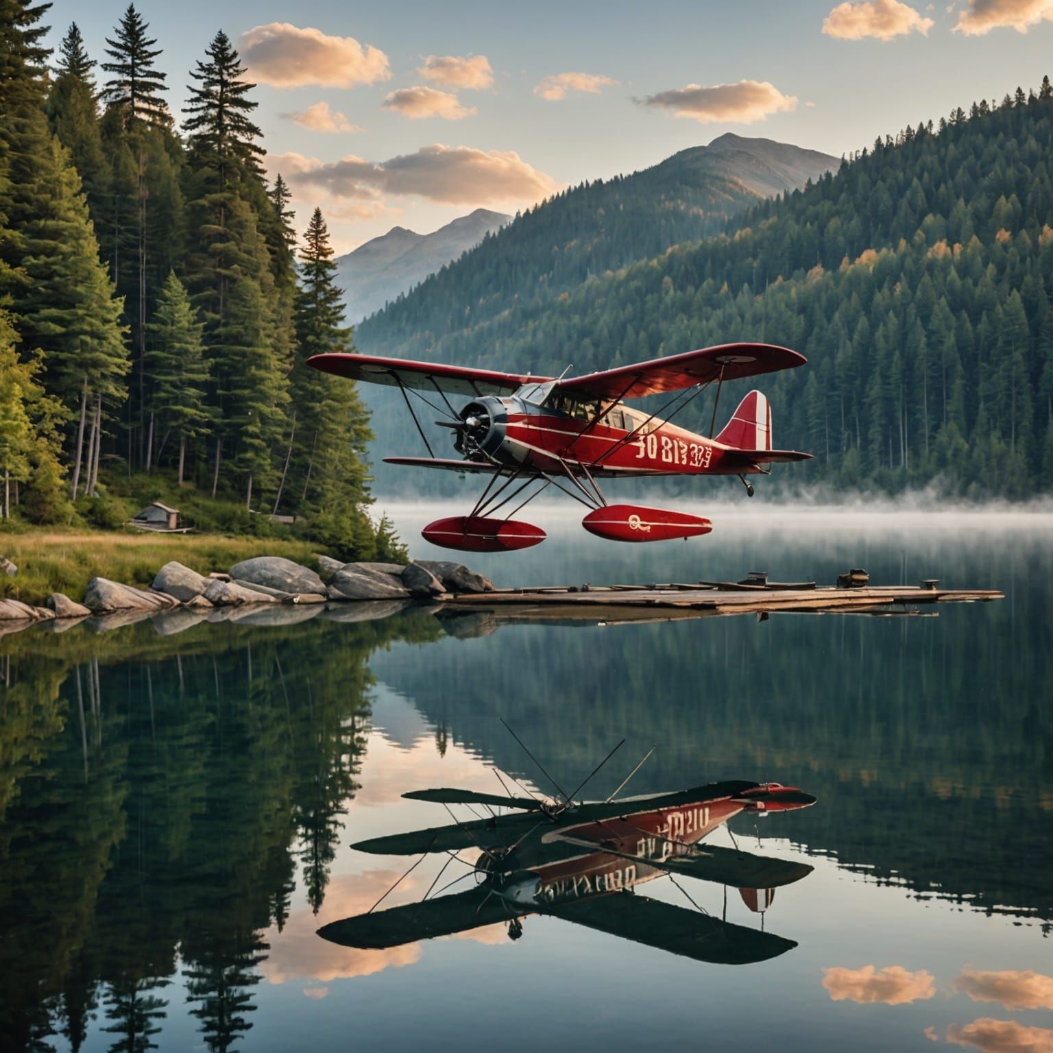 1920s Seaplane Biplane Takes Off at Lake Sunrise