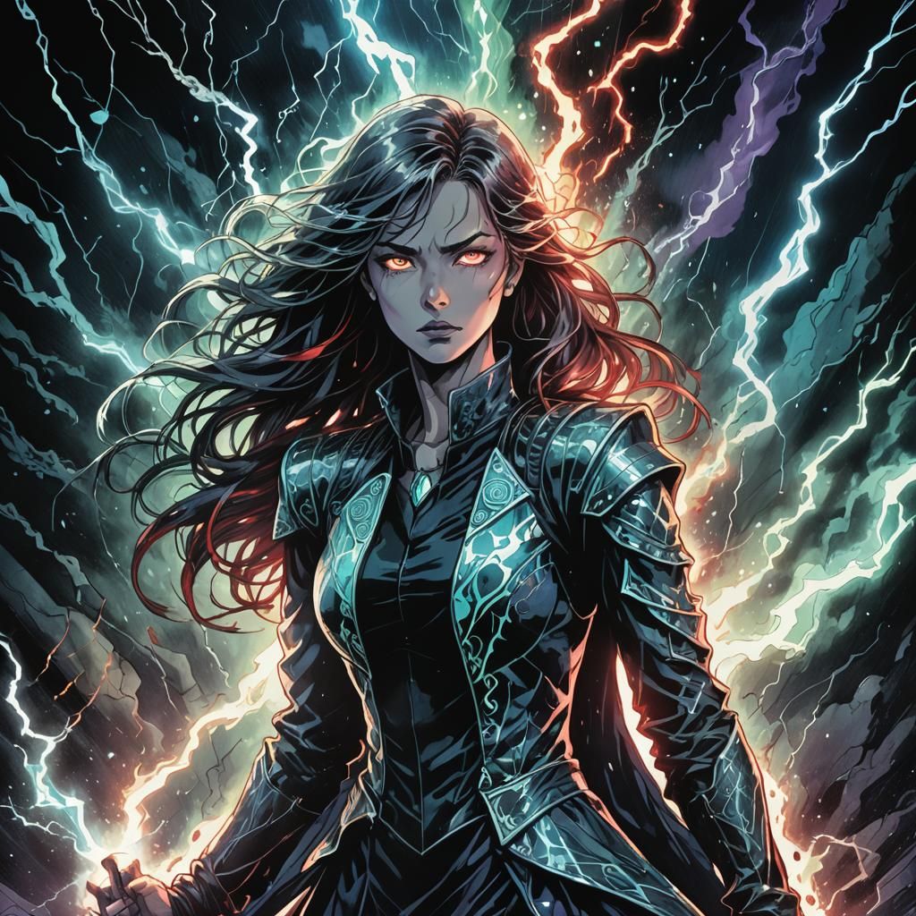 Anime Woman Conjuring Lightning in the Dark