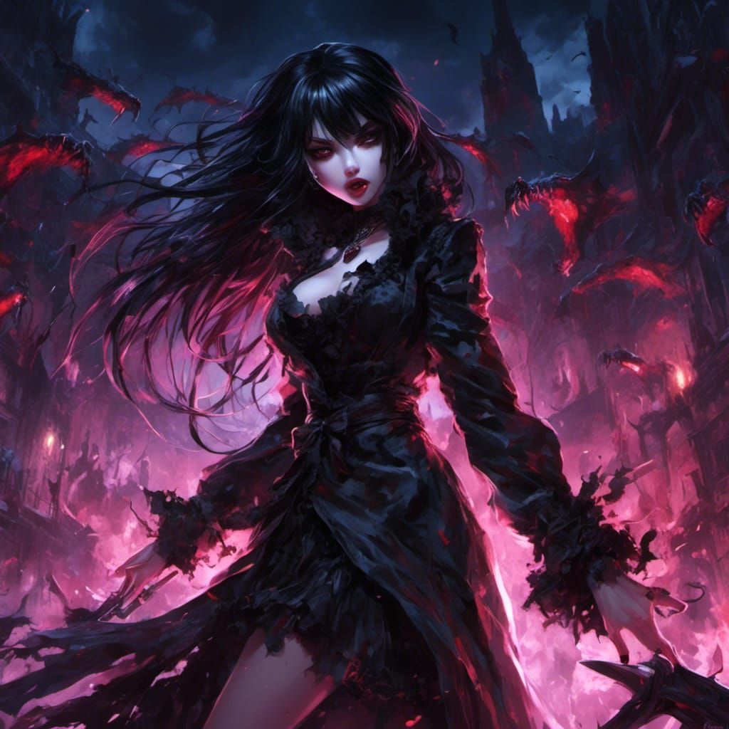 Feral Vampire Girl in Anime Style at Night