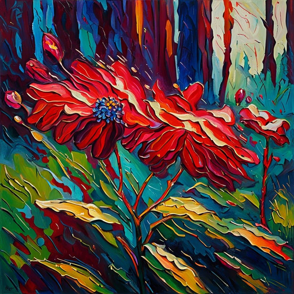 Red Trillium Flower in Neo-Impressionist Oil Painting