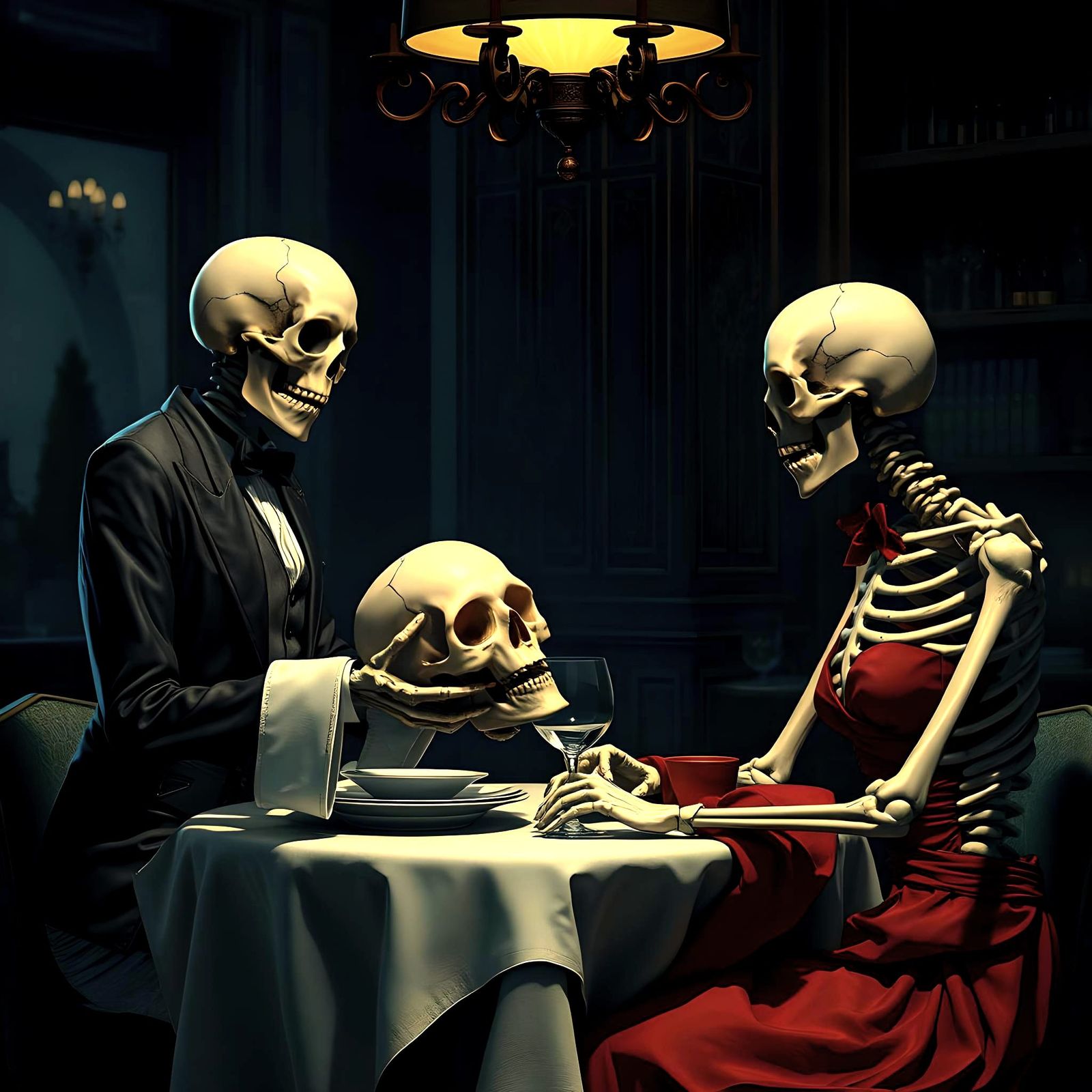Elegant Skeletons Dining: Gothic Film Noir Scene