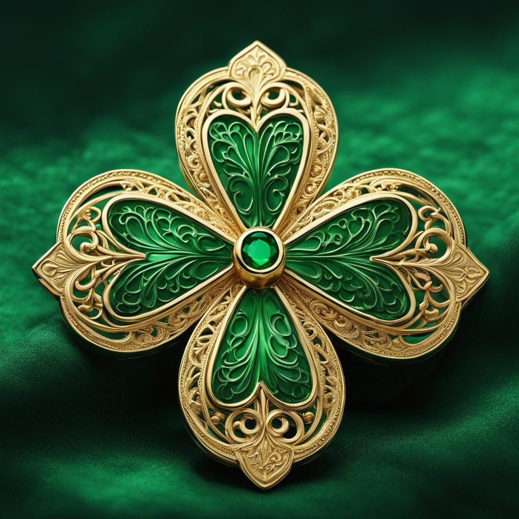 Luxurious Four-Leaf Clover Broach in Emerald Green and Gold