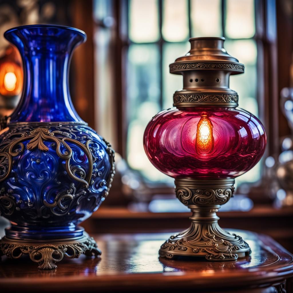 Cranberry Glass Oil Lamp and Cobalt Blue Vase