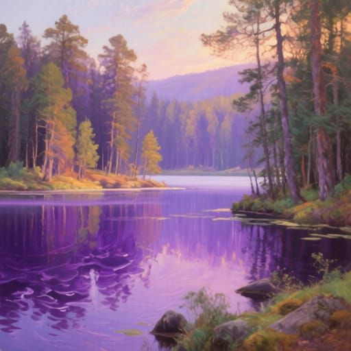 Amethyst Lake in Forest, Painterly Realism