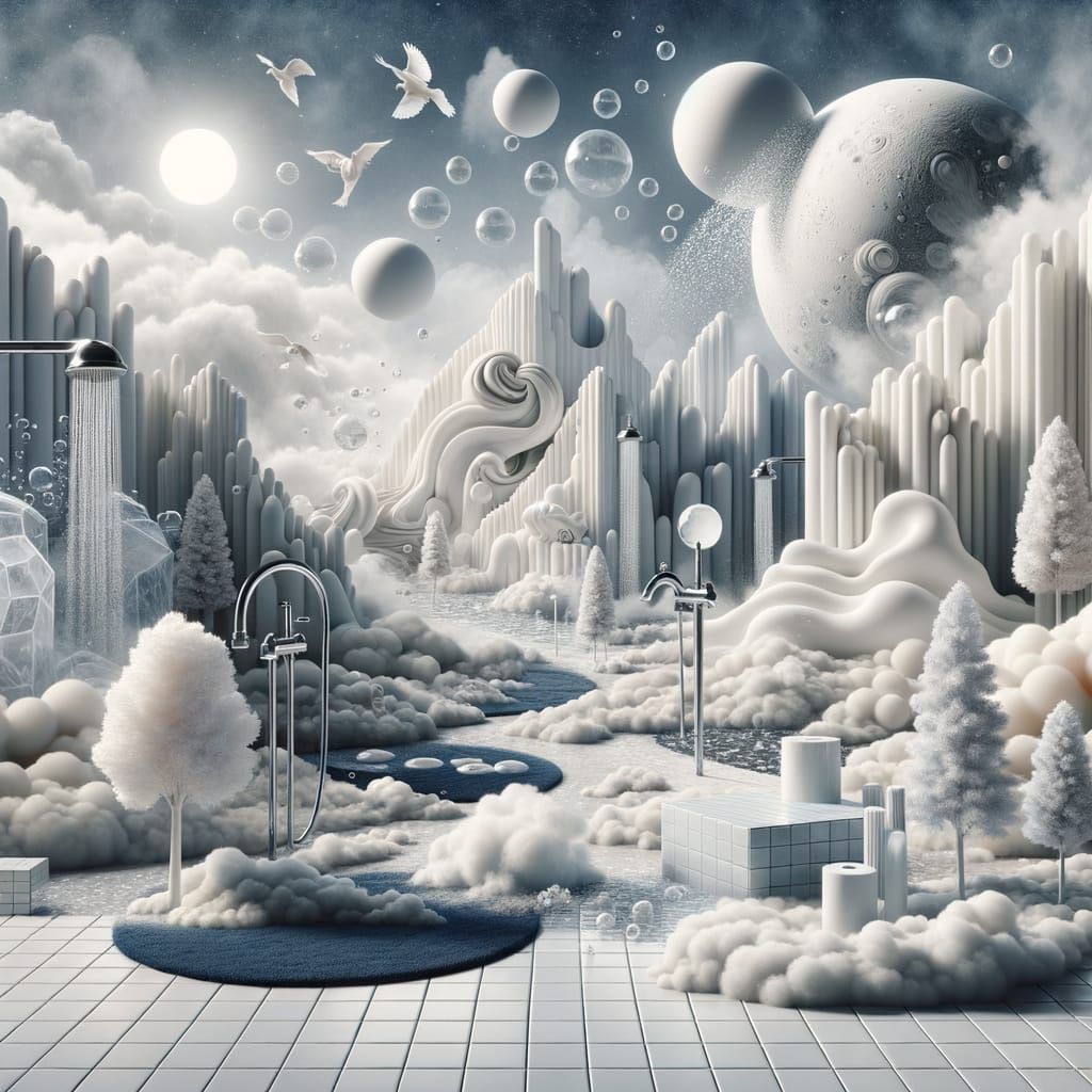 Surreal White Marble Dreamscape with Levitating Water Drople...