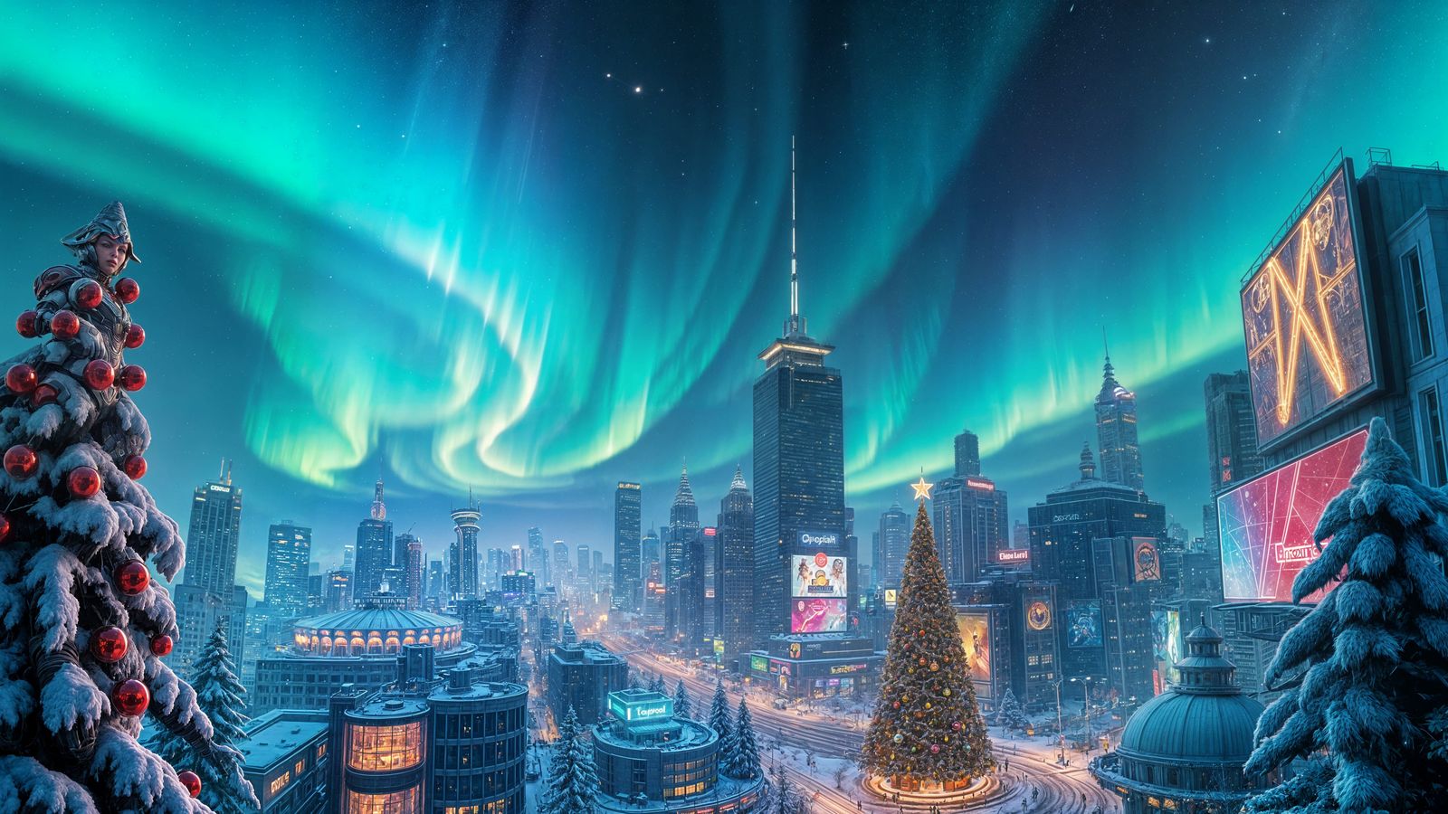 Futuristic Christmas Metropolis Under Auroral Skies