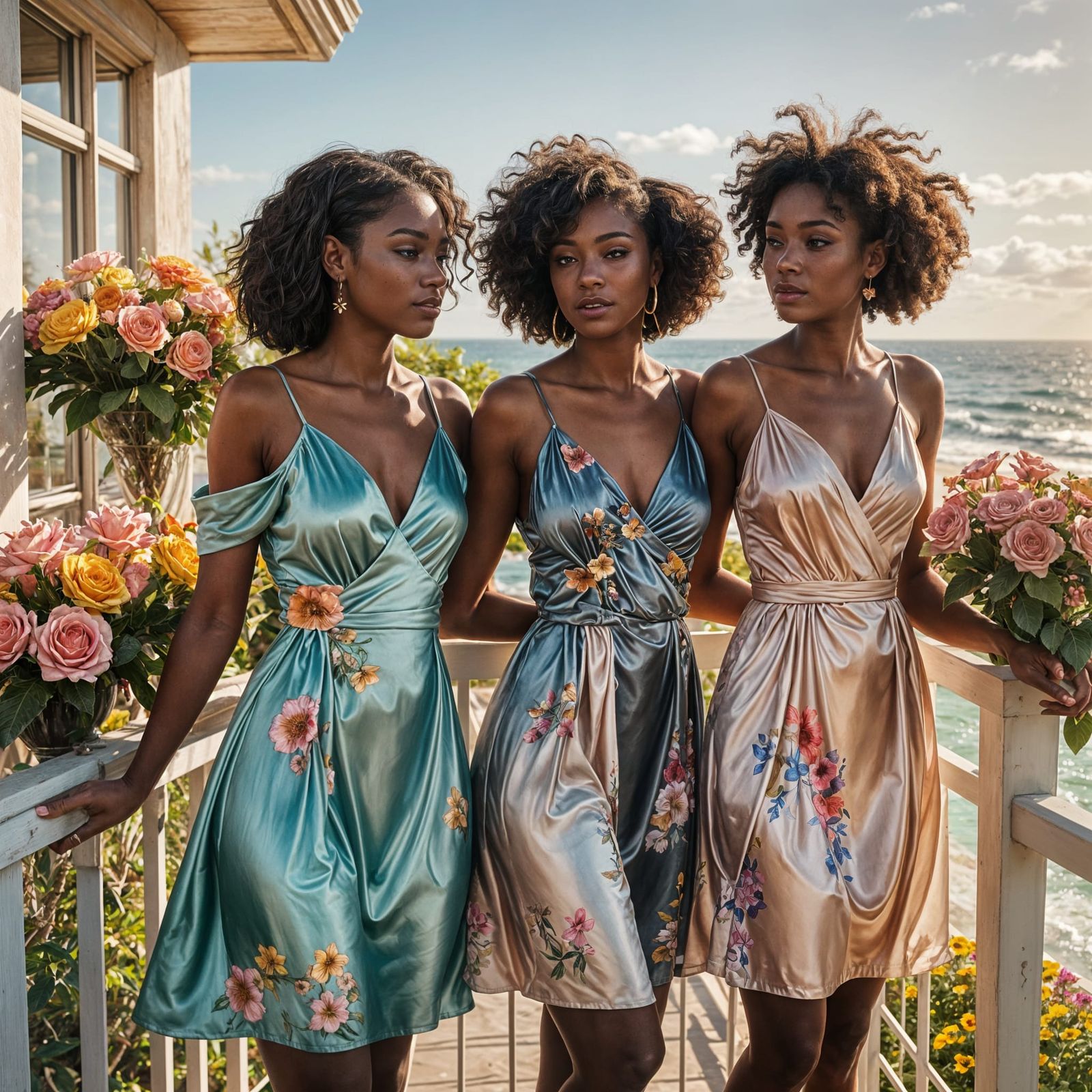Ebony Women on Balcony in Art Nouveau Style