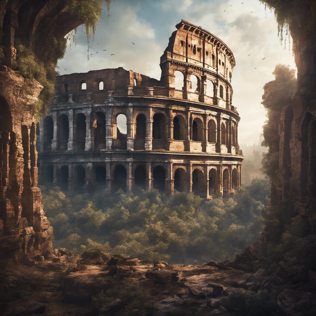 The Colosseum and Qutub Minar in Ancient Forest