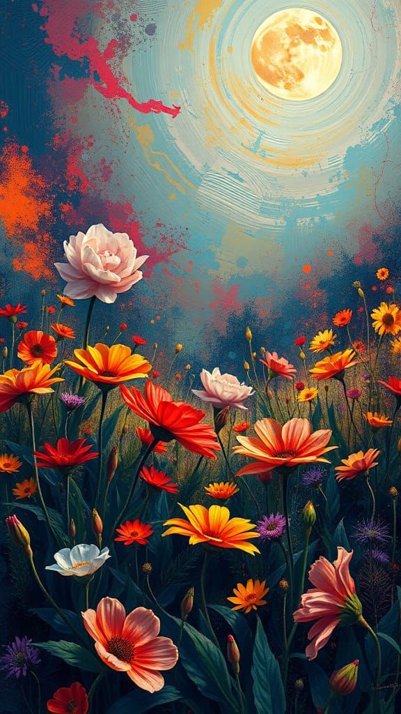 Surreal Flower Garden Scene in Dreamlike Landscape