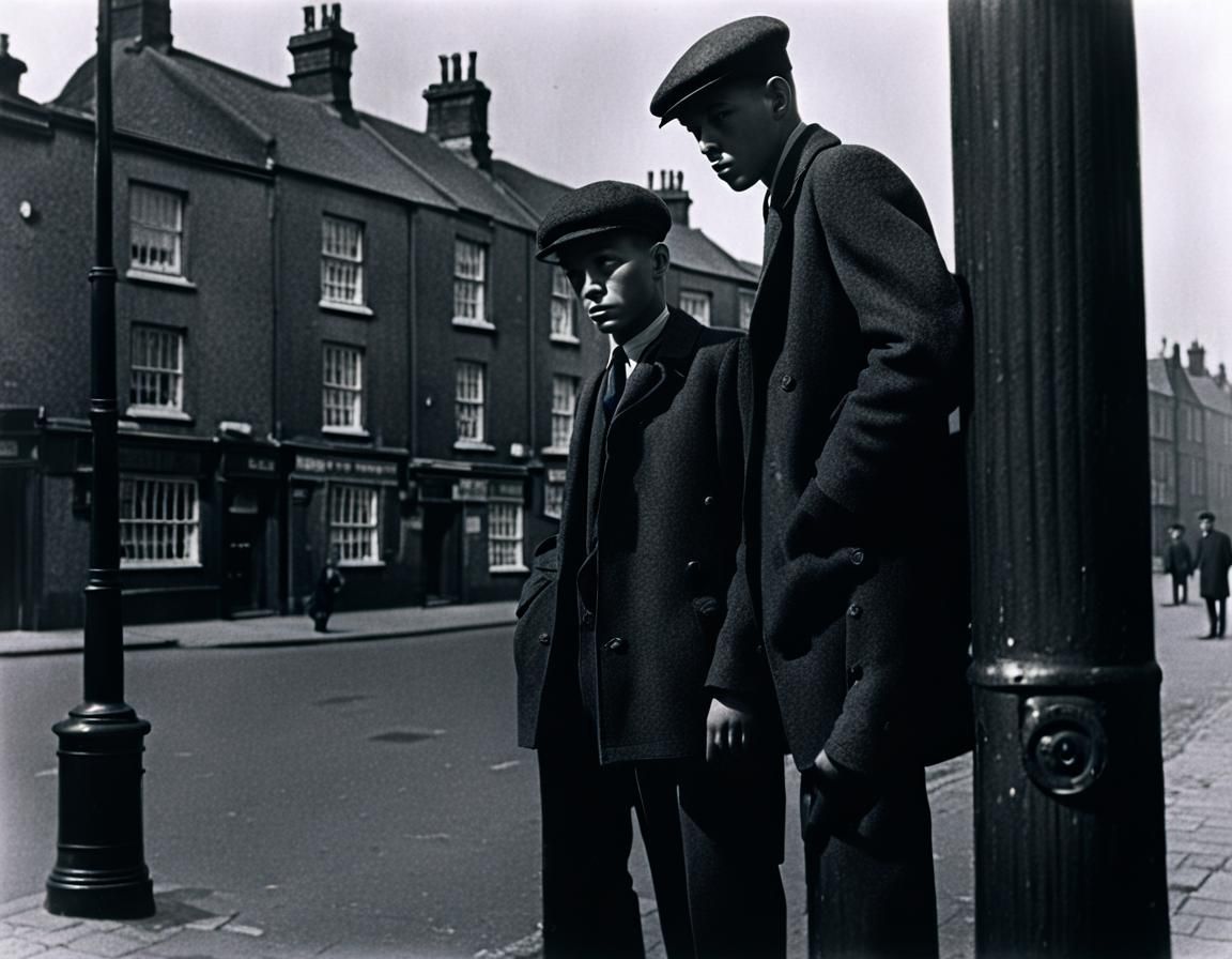 Boys by Lamppost, 1954, in Lith Print Style