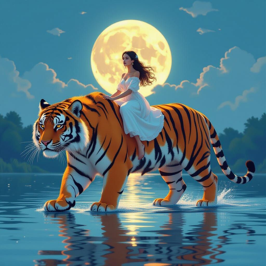 Woman Rides Tiger on Water Under Moonlight