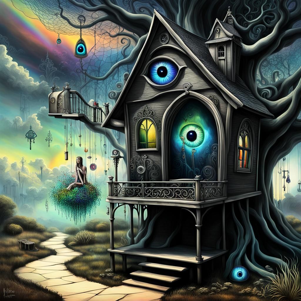 tree house, a fairy godmother watches over, a surreal digital art piece depicting keys floating in a dreamlike landsca...