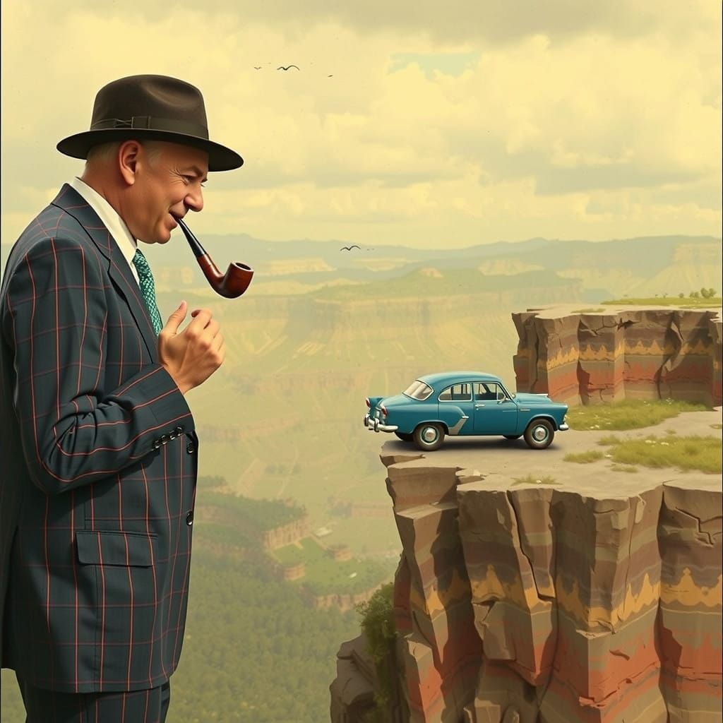 Surrealist Moment of a Gentleman in Tweeds Overlooking a Cli...
