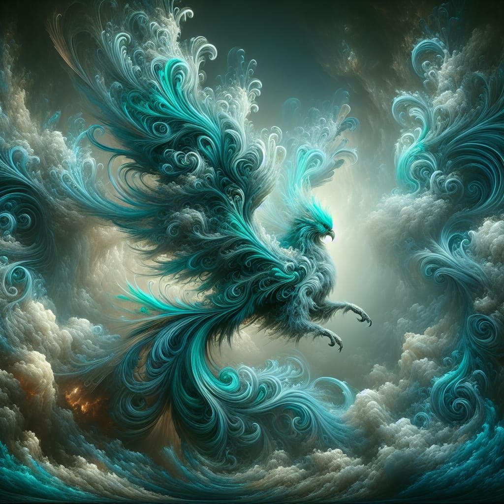 Majestic Turquoise Smoke Bird in Digital Matte Painting