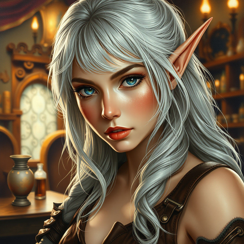 Fantasy Elf Portrait in a Tavern, Detailed Digital Art