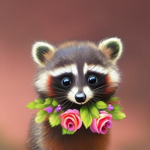 Adorable Raccoon with Flowers: Hyperrealistic Gouache Painti...