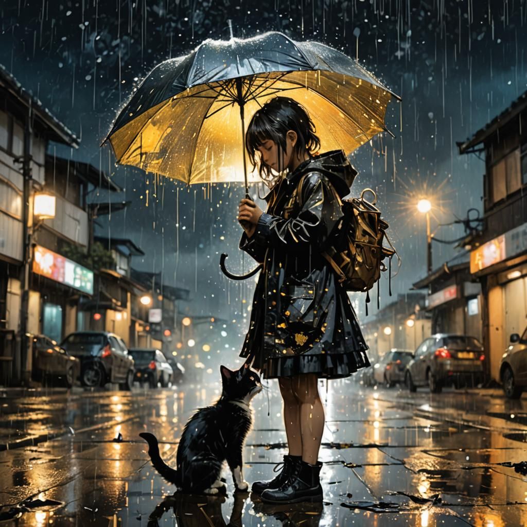 Anime Schoolgirl Shelters Kitten in Rainy Nightscape