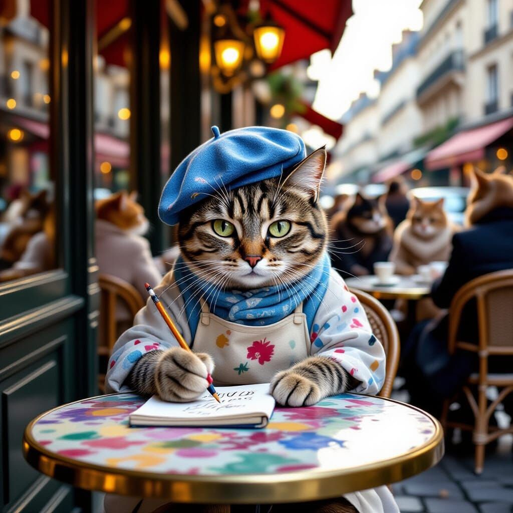 Whimsical Cat Artist in Paris Cafe