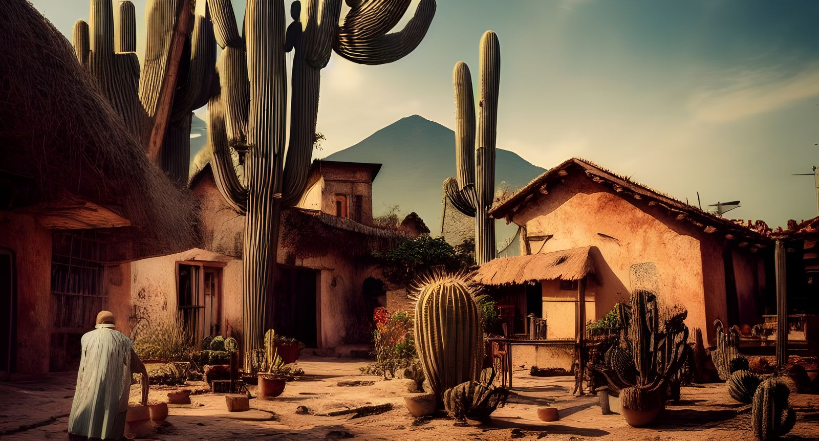 Picturesque Mexican Village with Giant Cactus