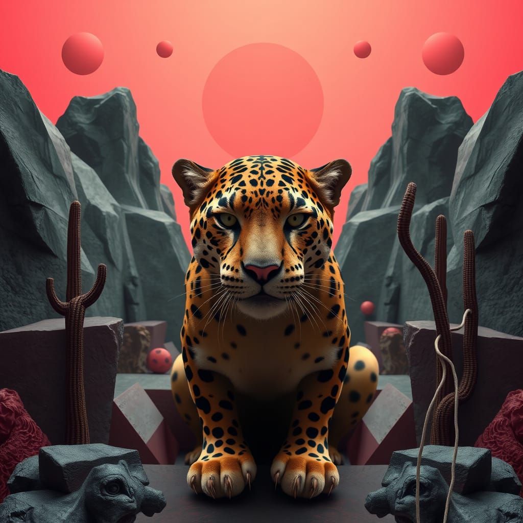 Surreal Bauhaus Scene with Tactile Panther Figure