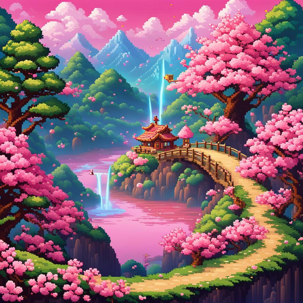 Pink Pixie in Cherry Blossom Landscape: 16-bit Pixel Art