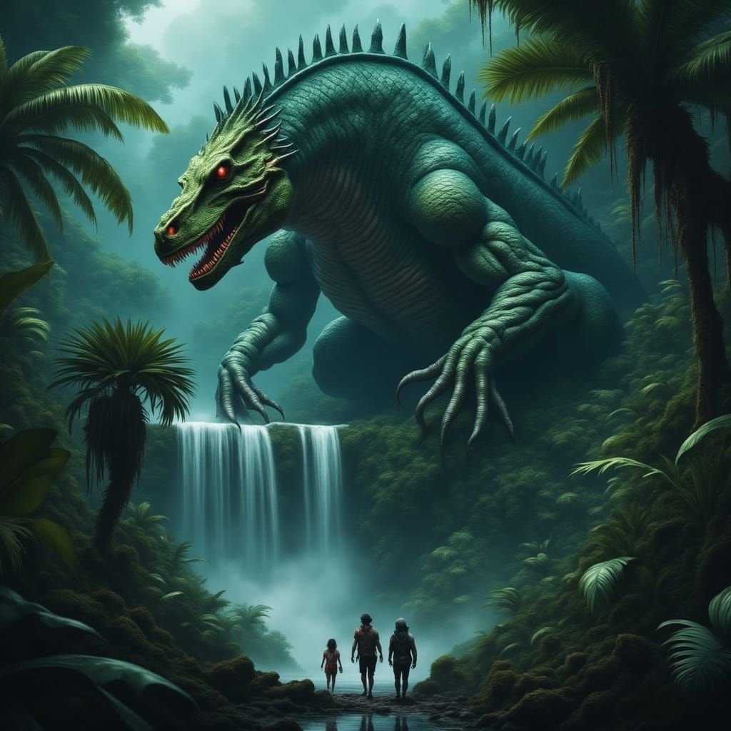 Towering Green Dragon Emerges from Misty Jungle