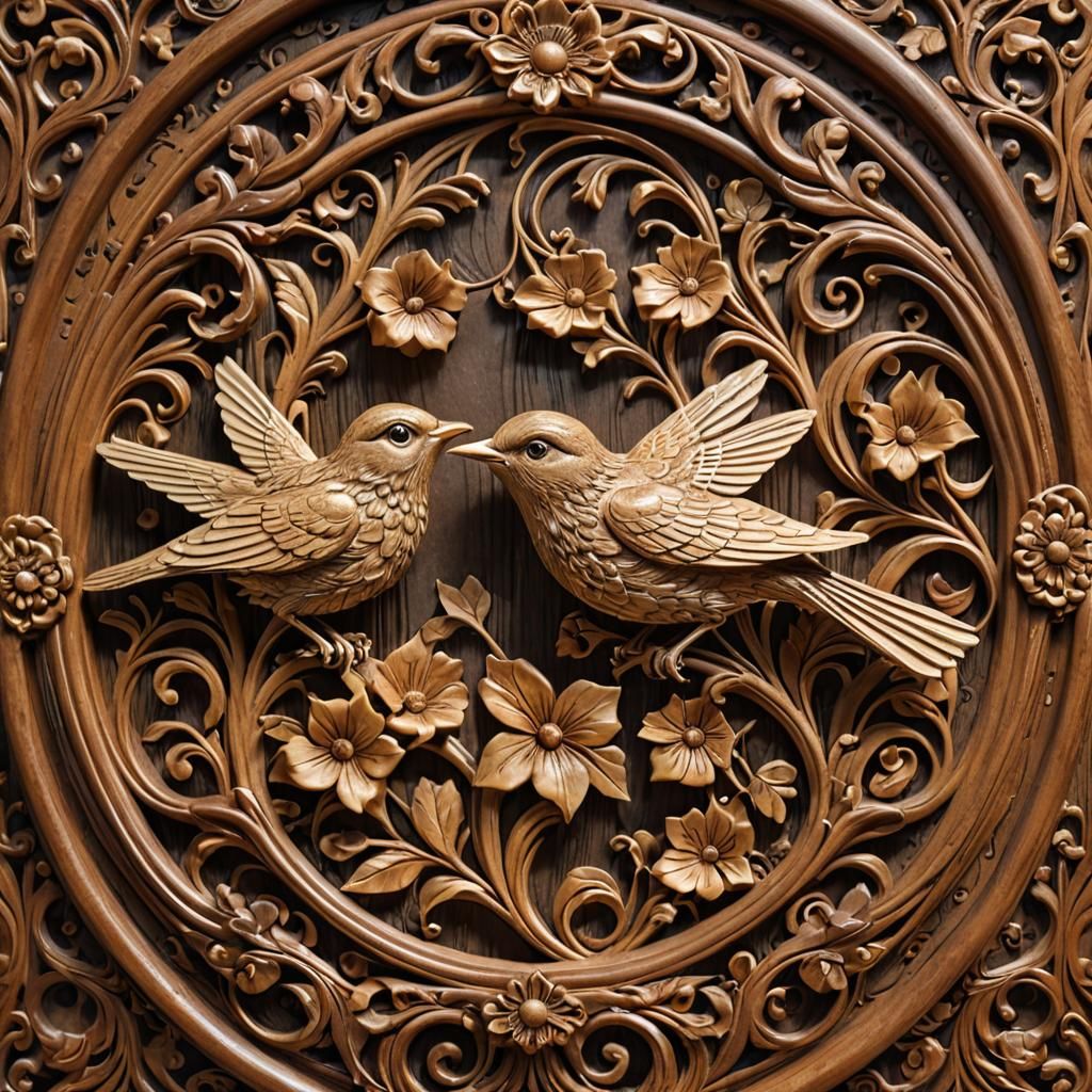 Art Nouveau Wood Panel with Songbirds