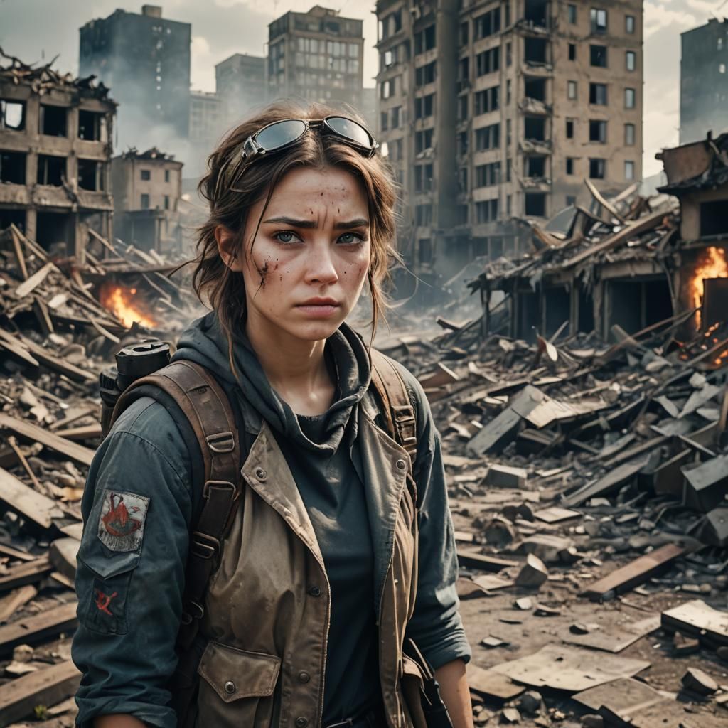 Post-Apocalyptic Heroine Observes City's Destruction