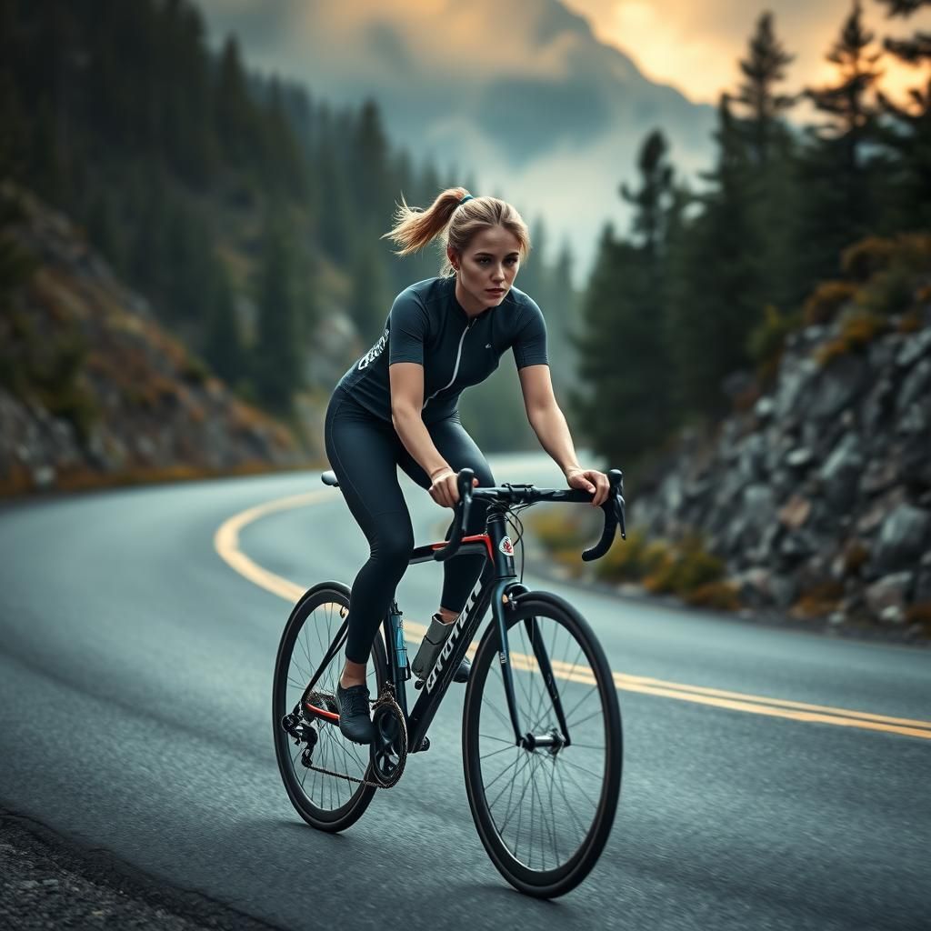 Emma Cycling Through Misty Mountain Pass in Film Noir Style