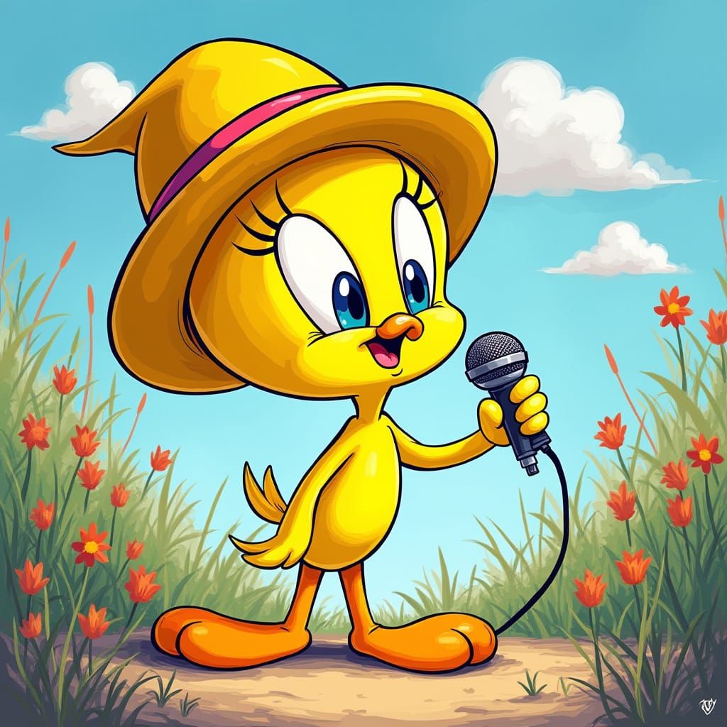 Tweety Bird Sings in Cartoon Landscape